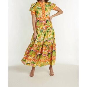 Ck Bradley Annabelle Maxi Dress Falconer Yellow Tiered Floral Batik Pockets Sz M